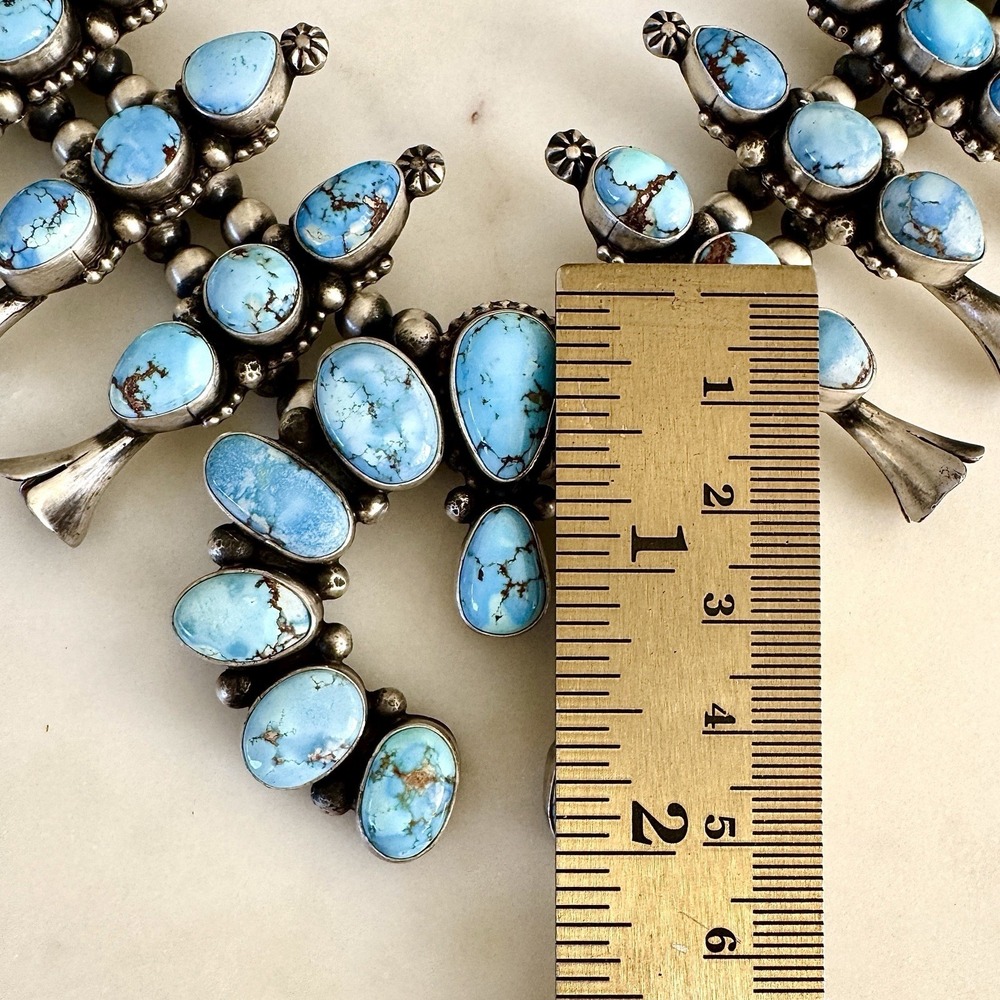 Navajo Squash Blossom Necklace Golden Hills Turquoise Signed Skeets Sterling - Picture 8 of 15